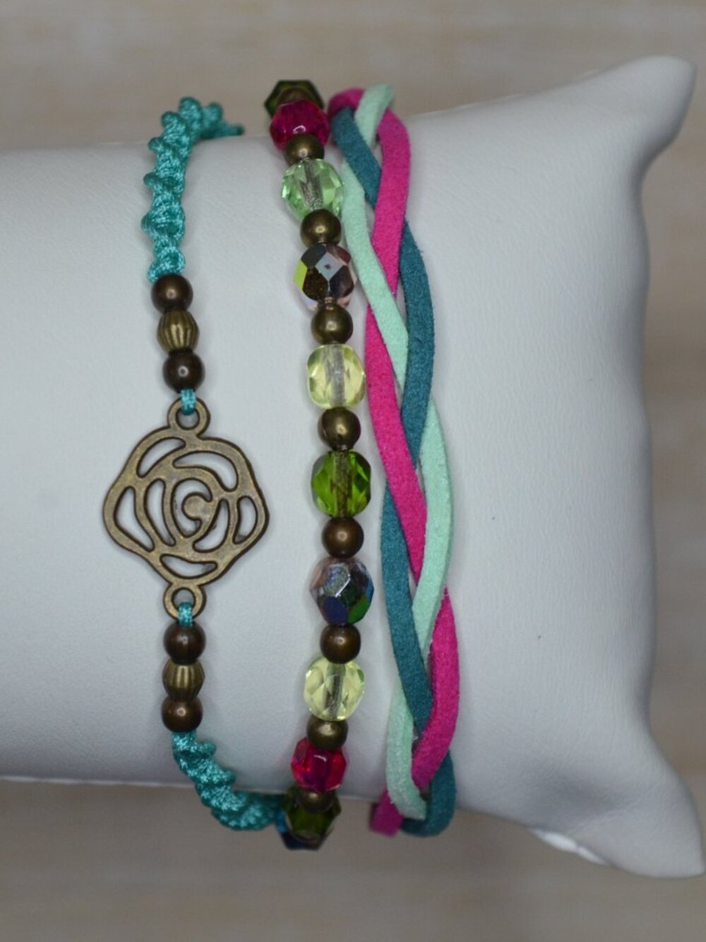 Bronze Rose Triple Strand Bead & Cord Wrap Bracelet